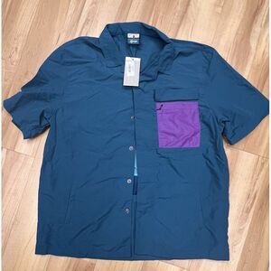 NEW P's And Q's Can't‎ Swim Club Wave Shirt Button Up Teal Purple MSRP $90